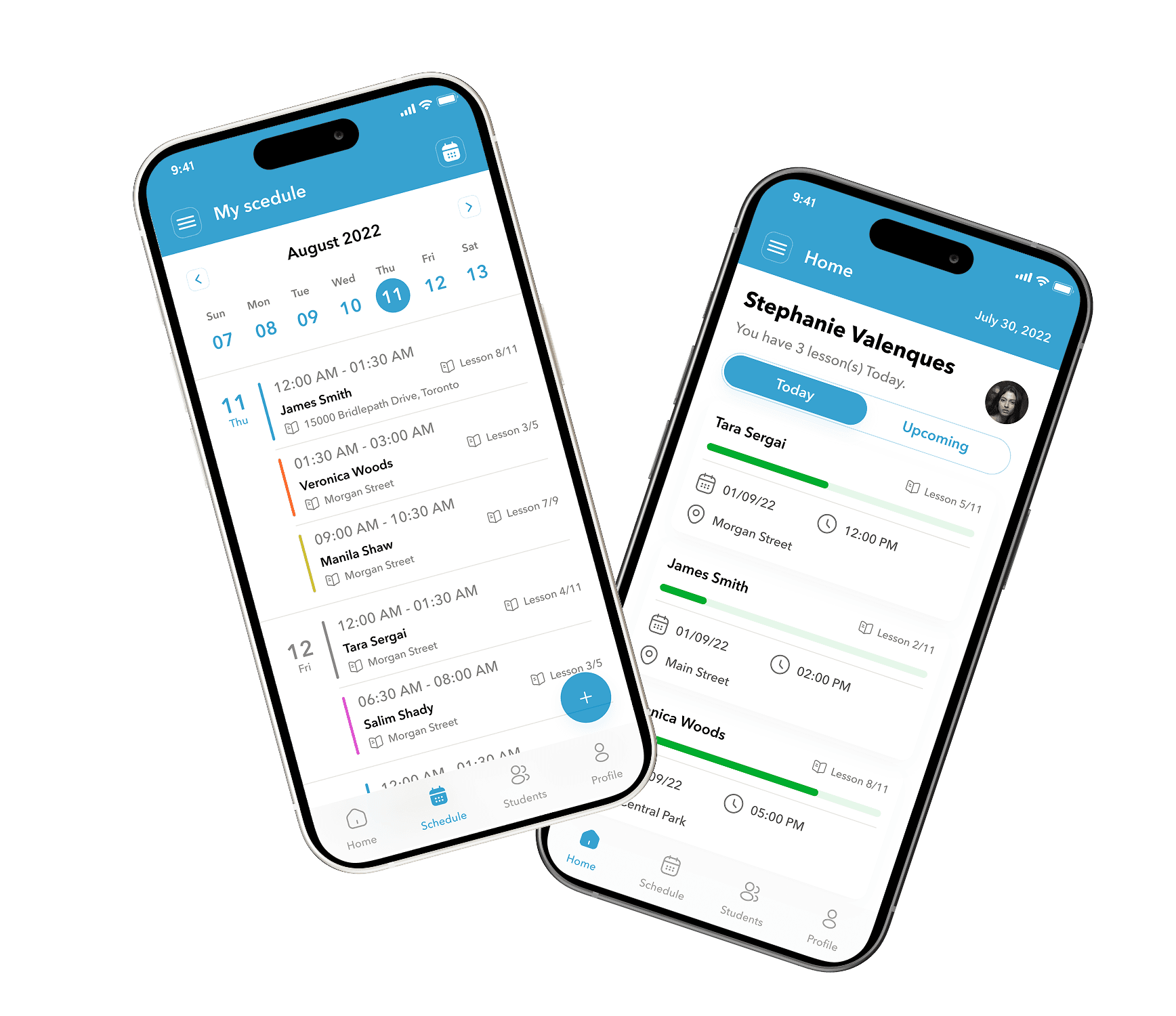 Two smartphones display a mobile application with calendar scheduling and team task management features.