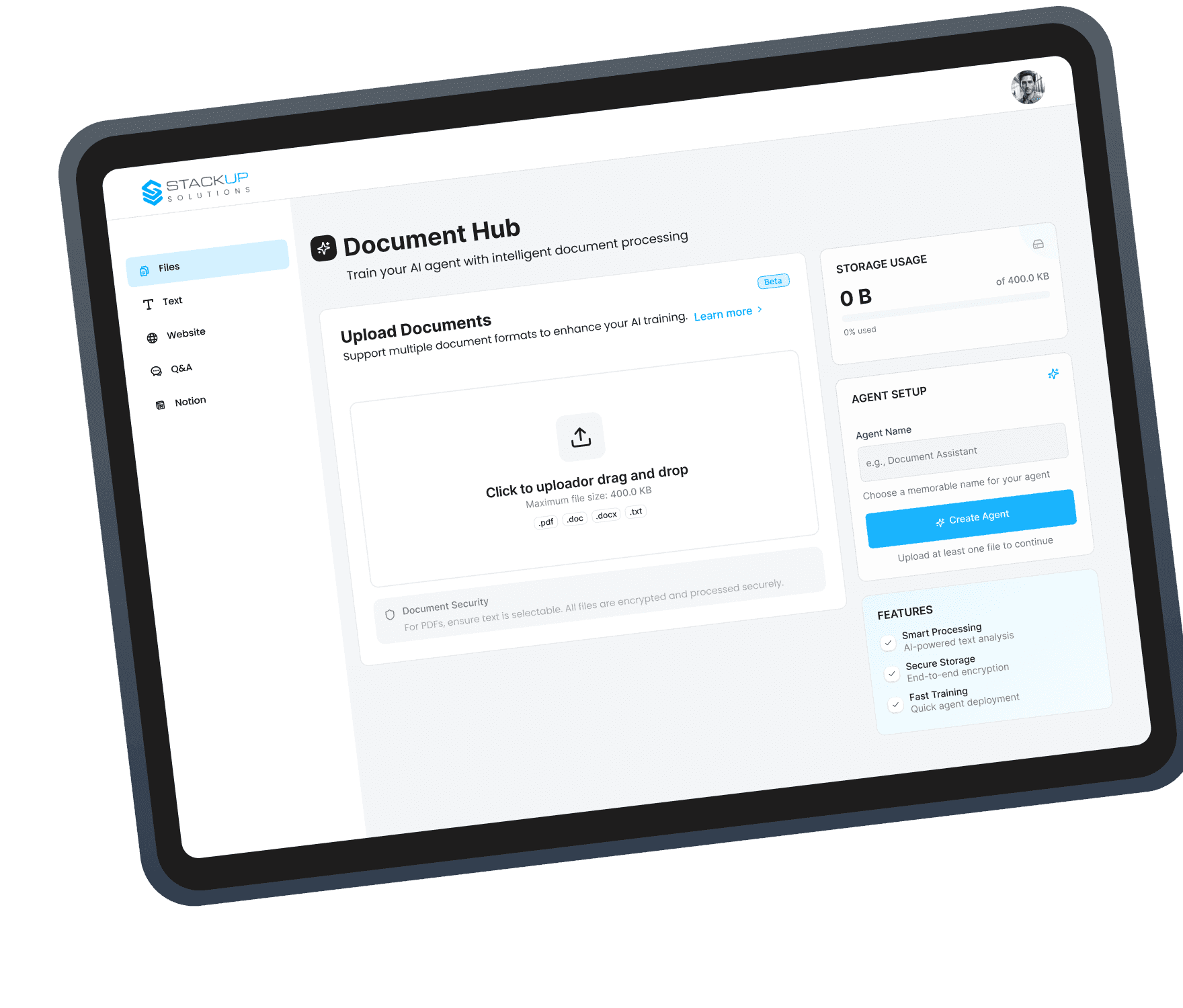 Tablet displaying a 'Document Hub' interface with an upload section for managing documents.