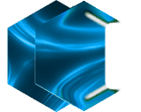 Abstract glowing blue cube with liquid-like swirling patterns and a dark rectangular opening.
