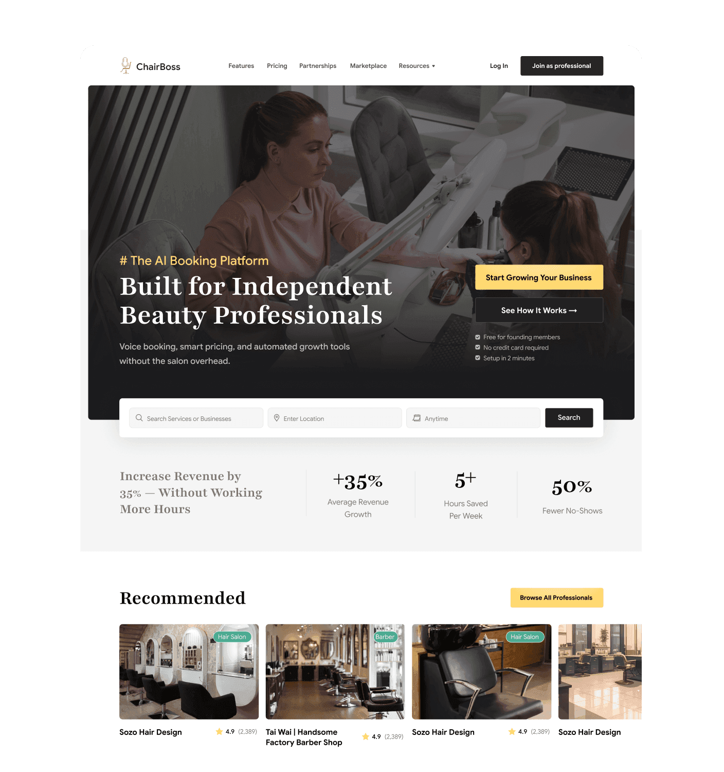 CloudNine website homepage, 'Built for Independent Beauty Professionals' banner, showing salon interior.