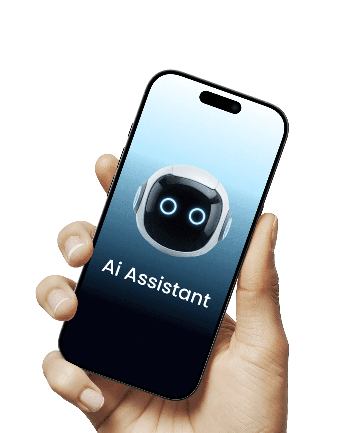 Hand holding a smartphone displaying an AI Assistant application with a robotic chat icon.