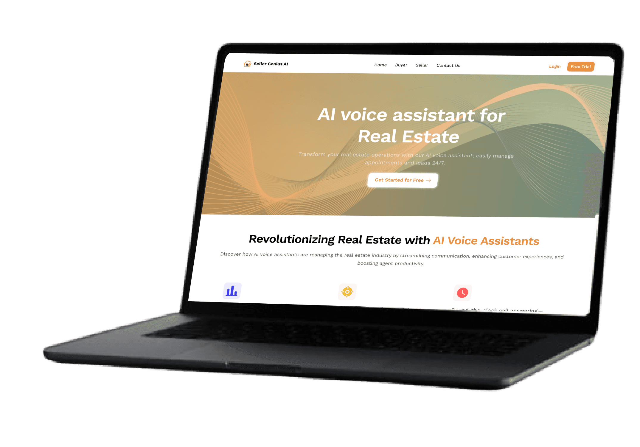 A black laptop displays a website advertising an AI voice assistant for real estate.