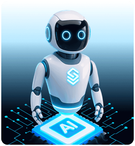 White humanoid robot with glowing blue features stands over a bright AI chip.